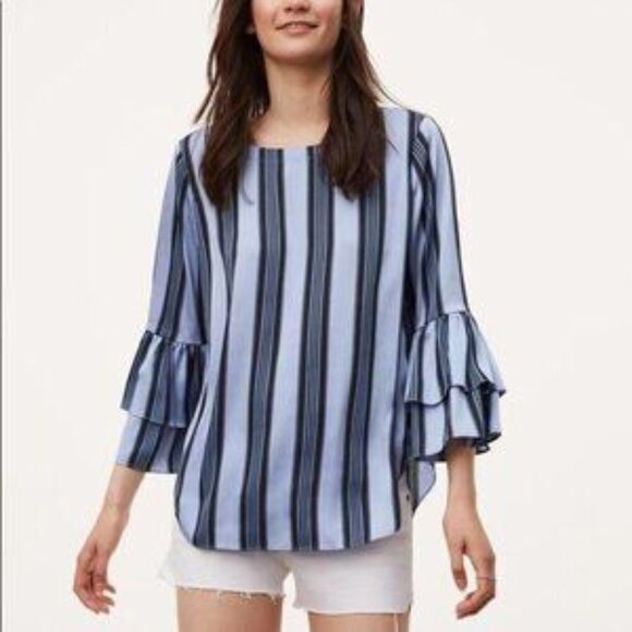 Loft, Vertical Stripes, Bell Ruffle Sleeves, Blue, Satin, M - Picture 1 of 6
